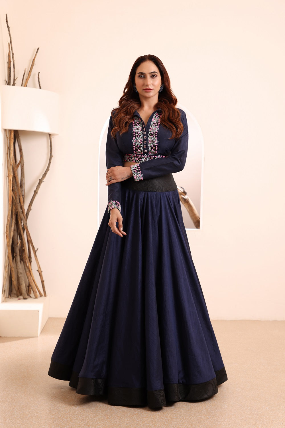 Collared Crop Top Skirt Set
