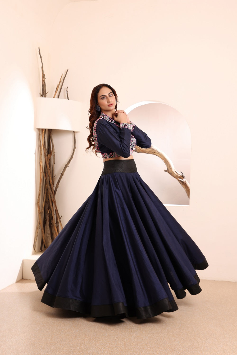 Collared Crop Top Skirt Set