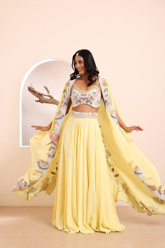 Sharara with flouncy Dack slit open cape set